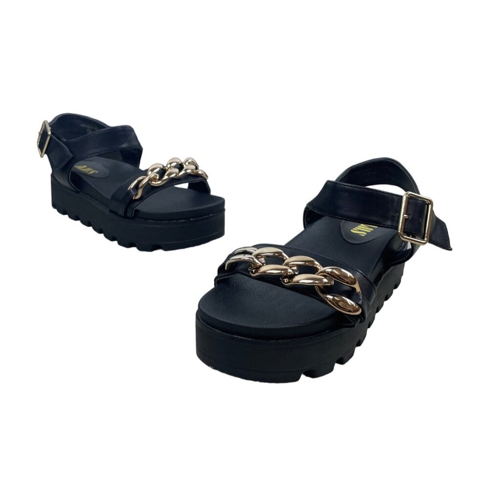 Black Sandals with Gold Chain Detail